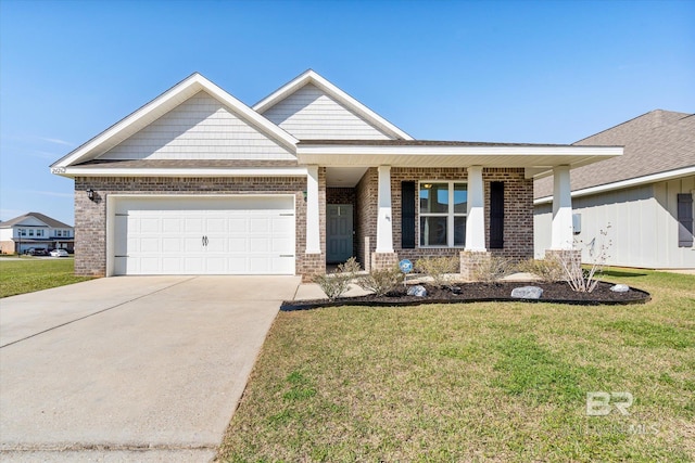 view of front of house featuring an attached garage, covered porch, brick siding, driveway, and a front lawn