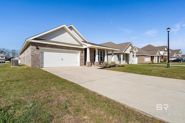 view of front of home featuring central AC, brick siding, a front lawn, and an attached garage