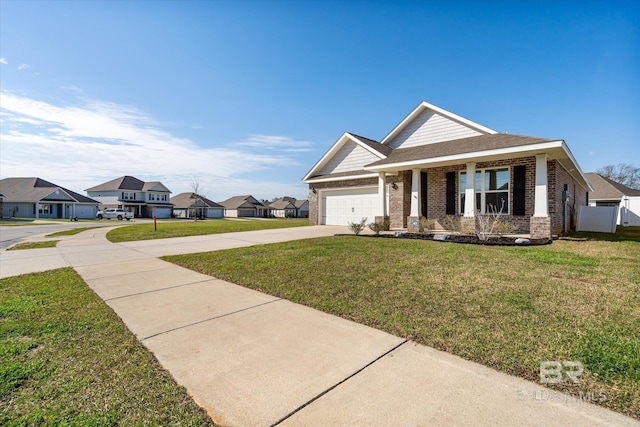 view of front of property featuring brick siding, concrete driveway, a residential view, an attached garage, and a front yard