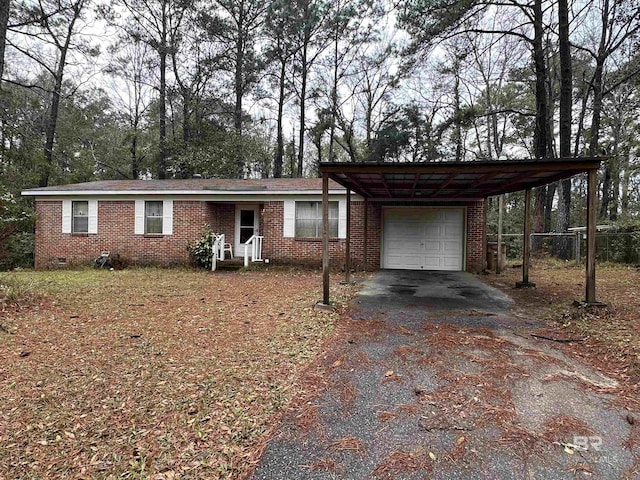 view of front of house featuring crawl space, a garage, brick siding, and driveway