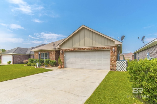 4005 Serene Ct, Foley, AL 36535 - ranch-style home featuring brick siding, board and batten siding, a front yard, driveway, and an attached garage