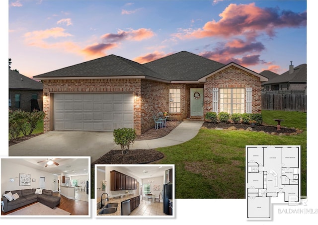 exterior space featuring a lawn, sink, and a garage