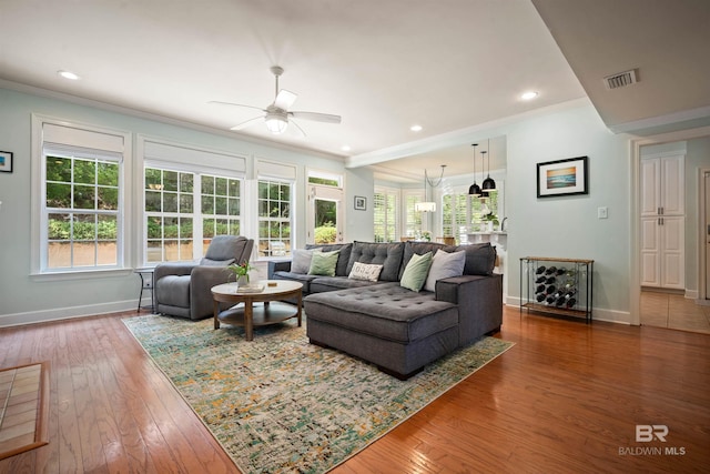 14 General Canby Dr, Spanish Fort, AL 36527 - living area featuring crown molding, a ceiling fan, hardwood / wood-style floors, and recessed lighting
