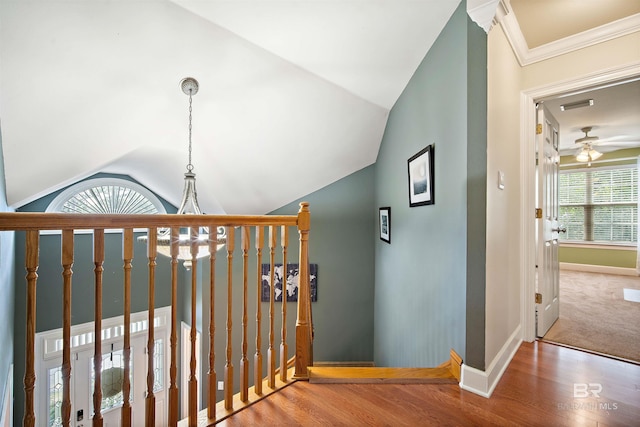 14 General Canby Dr, Spanish Fort, AL 36527 - stairway featuring lofted ceiling, ceiling fan, wood finished floors, and ornamental molding