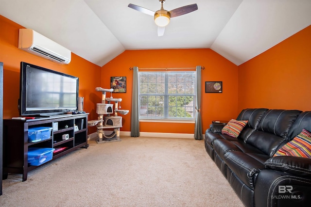 14 General Canby Dr, Spanish Fort, AL 36527 - living room with a wall mounted air conditioner, a ceiling fan, carpet floors, and lofted ceiling