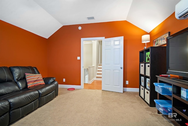 14 General Canby Dr, Spanish Fort, AL 36527 - living room with a wall mounted AC, vaulted ceiling, and light carpet
