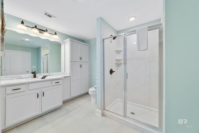 full bath with a stall shower, visible vents, vanity, and toilet