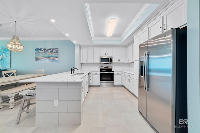 kitchen featuring a peninsula, crown molding, stainless steel appliances, and a sink