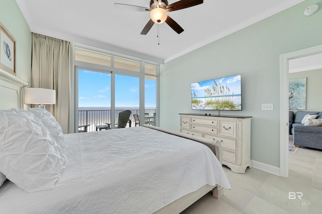 bedroom with light tile patterned floors, ornamental molding, a ceiling fan, access to outside, and baseboards