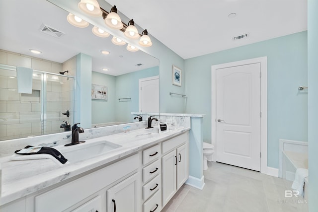 full bathroom with toilet, a shower stall, visible vents, and a sink