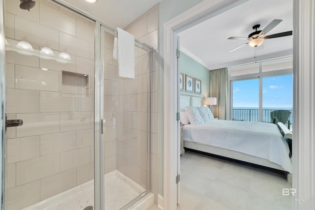 ensuite bathroom with ensuite bathroom, ceiling fan, ornamental molding, and a stall shower