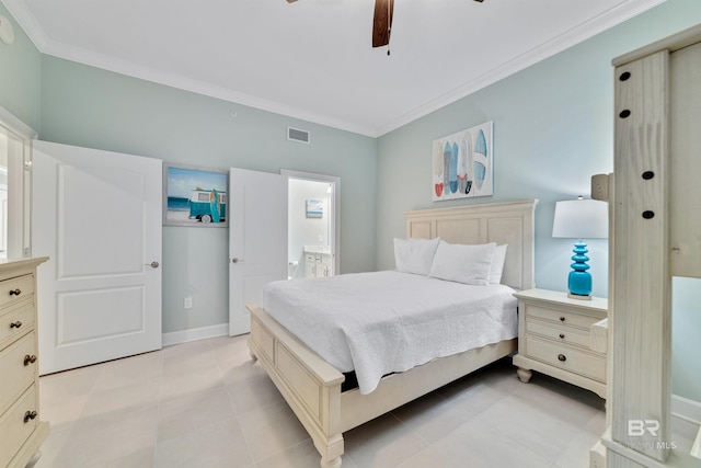 bedroom with ornamental molding, visible vents, baseboards, and light tile patterned floors