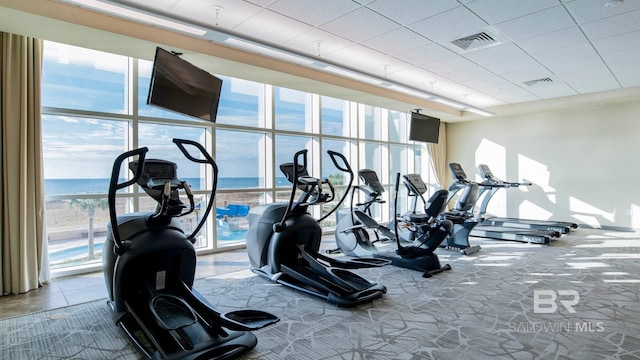 workout area featuring a healthy amount of sunlight, expansive windows, and visible vents