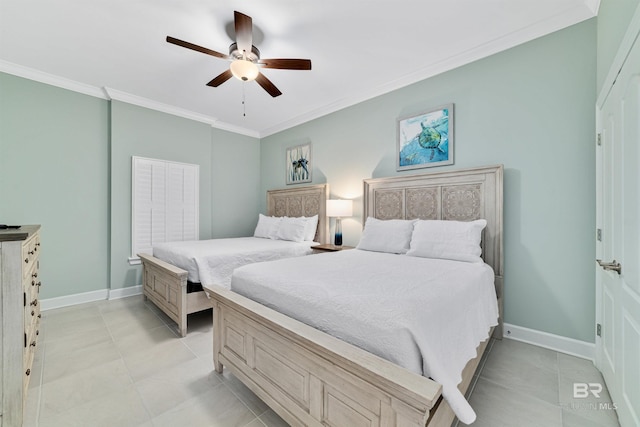 bedroom featuring baseboards, ceiling fan, light tile patterned floors, and crown molding