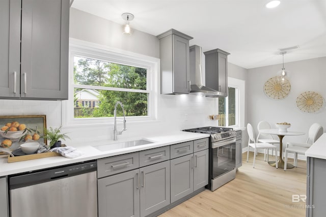 300 Indian Creek Dr, Mobile, AL 36607 - kitchen with stainless steel appliances, gray cabinetry, a sink, wall chimney range hood, and tasteful backsplash