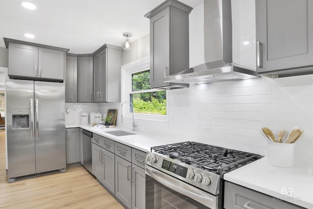 300 Indian Creek Dr, Mobile, AL 36607 - kitchen with appliances with stainless steel finishes, gray cabinets, wall chimney range hood, a sink, and backsplash