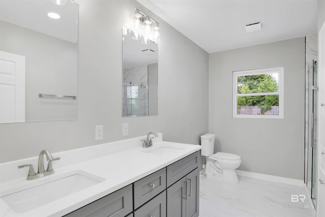 300 Indian Creek Dr, Mobile, AL 36607 - bathroom with a shower stall, marble finish flooring, toilet, double vanity, and baseboards