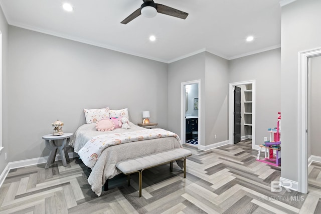 bedroom with crown molding, ensuite bath, light parquet floors, ceiling fan, and a walk in closet