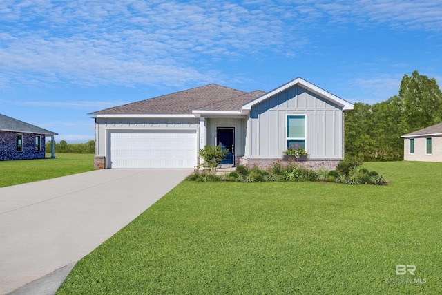 ranch-style home featuring an attached garage, brick siding, driveway, a front lawn, and board and batten siding