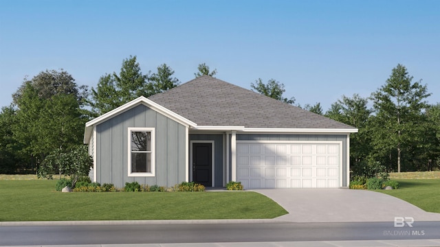 single story home featuring concrete driveway, board and batten siding, an attached garage, and a front yard