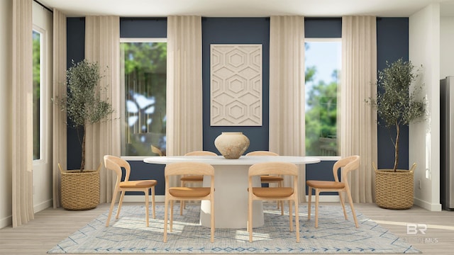 dining room featuring baseboards, a wealth of natural light, and light wood-type flooring