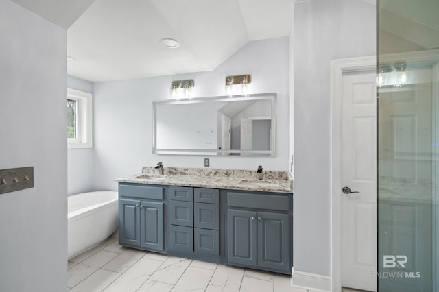 bathroom with tile patterned floors, vaulted ceiling, double sink vanity, and plus walk in shower