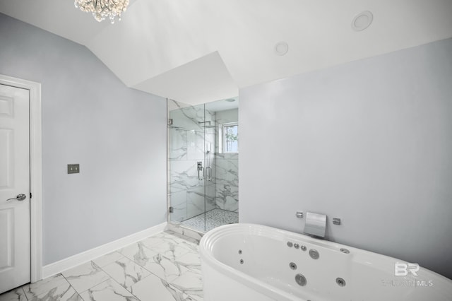 bathroom featuring tile patterned floors, independent shower and bath, vaulted ceiling, and a notable chandelier