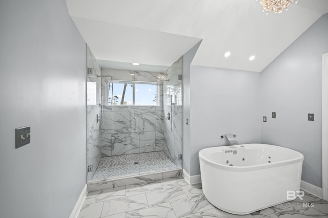 bathroom with tile patterned floors, plus walk in shower, lofted ceiling, and a chandelier