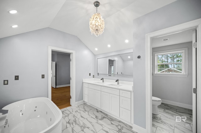 bathroom with vaulted ceiling, toilet, dual bowl vanity, and tile patterned floors