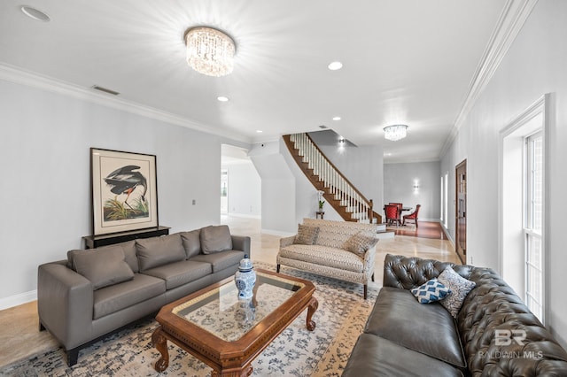 tiled living room with crown molding and an inviting chandelier