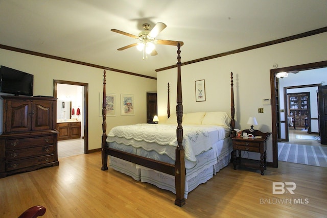 tiled bedroom featuring ceiling fan and connected bathroom