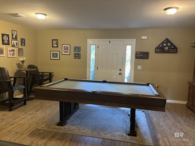 playroom with billiards, baseboards, and wood finished floors