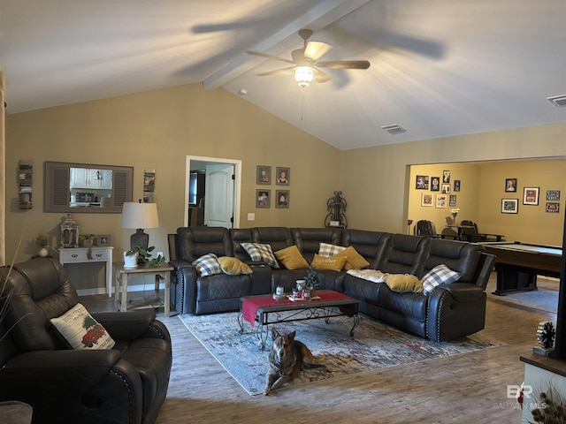 living room with high vaulted ceiling, ceiling fan, pool table, beam ceiling, and wood-type flooring