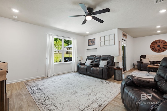 2526 E Windmere Dr, Semmes, AL 36575 - living room featuring a ceiling fan, light wood finished floors, recessed lighting, and baseboards