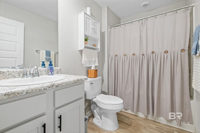 2526 E Windmere Dr, Semmes, AL 36575 - bathroom with wood finished floors, vanity, toilet, and curtained shower
