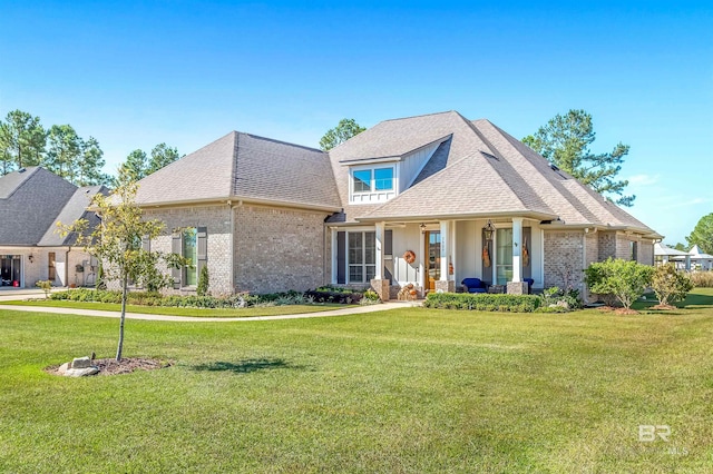 view of front facade with a front lawn, roof with shingles, and brick siding
