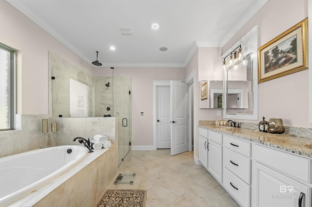 full bathroom featuring a shower stall, vanity, ornamental molding, visible vents, and a garden tub