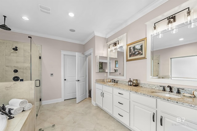 bathroom with visible vents, a shower stall, crown molding, and a sink