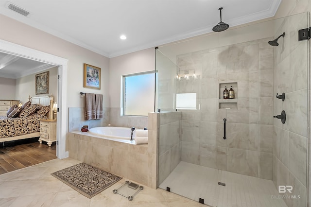bathroom with recessed lighting, a shower stall, a bath, visible vents, and crown molding