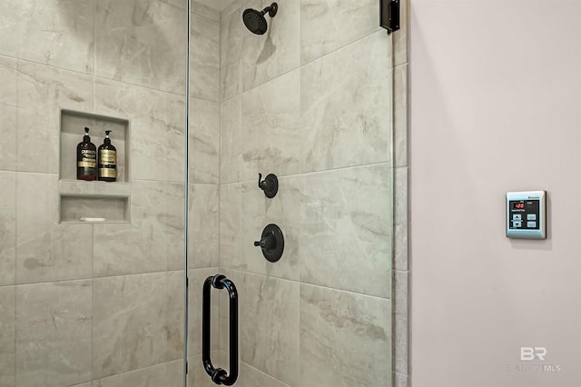 interior details featuring a stall shower