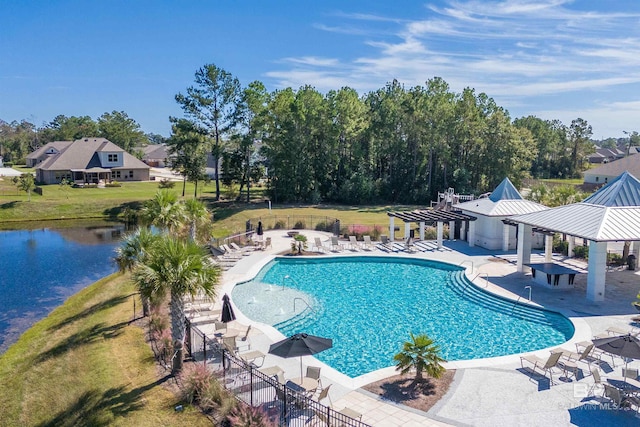 community pool featuring a pergola, a patio area, a lawn, a gazebo, and fence