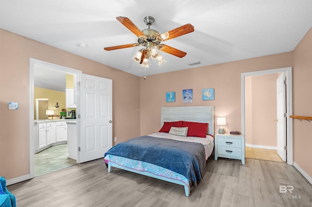 bedroom with light wood-type flooring and ceiling fan