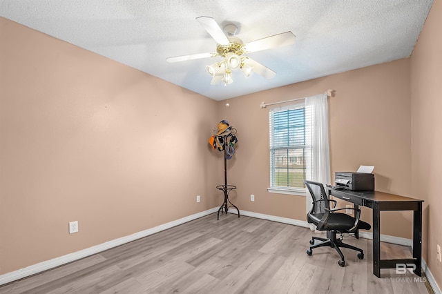 office space with ceiling fan, light wood-type flooring, and a textured ceiling