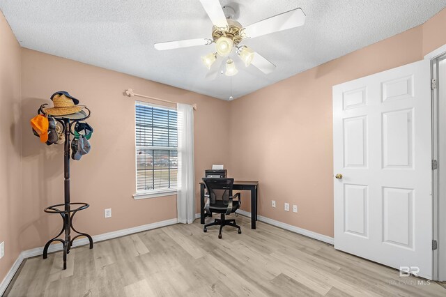 office area with ceiling fan, a textured ceiling, and light hardwood / wood-style flooring