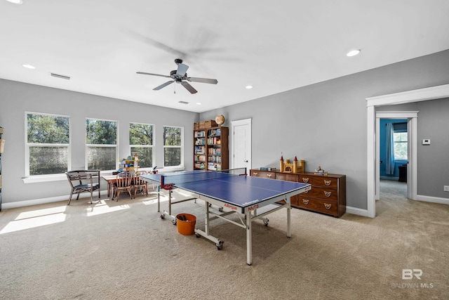 game room featuring recessed lighting, light carpet, a ceiling fan, visible vents, and baseboards