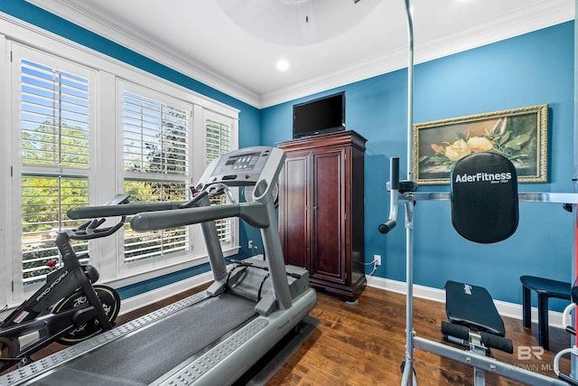 workout room with baseboards, dark wood finished floors, and crown molding