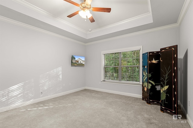 unfurnished room with a raised ceiling, light colored carpet, and ceiling fan