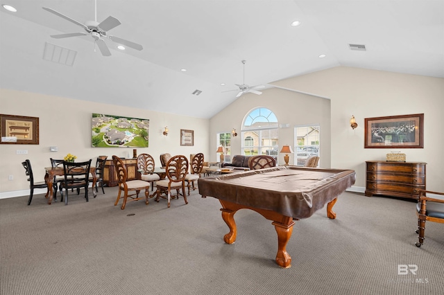 game room with light carpet, ceiling fan, lofted ceiling, and billiards