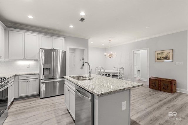 kitchen with pendant lighting, white cabinets, stainless steel appliances, sink, and a kitchen island with sink