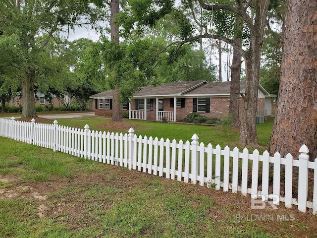 ranch-style home with covered porch and brick siding